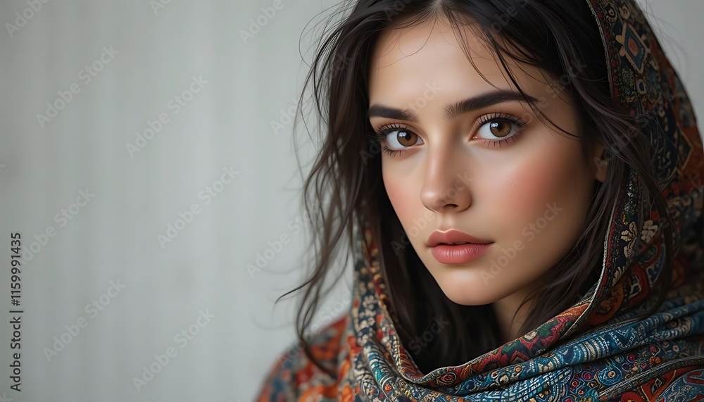 Beautiful Woman Brown Eyes Patterned Scarf Soft Lighting Portrait Beautiful Woman Brown Eyes Patterned Scarf Soft Lighting Portrait