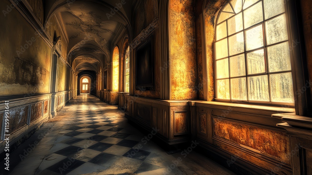 A stunning, illuminated hallway with intricate architecture and dramatic shadows. A stunning, illuminated hallway with intricate architecture and dramatic shadows.