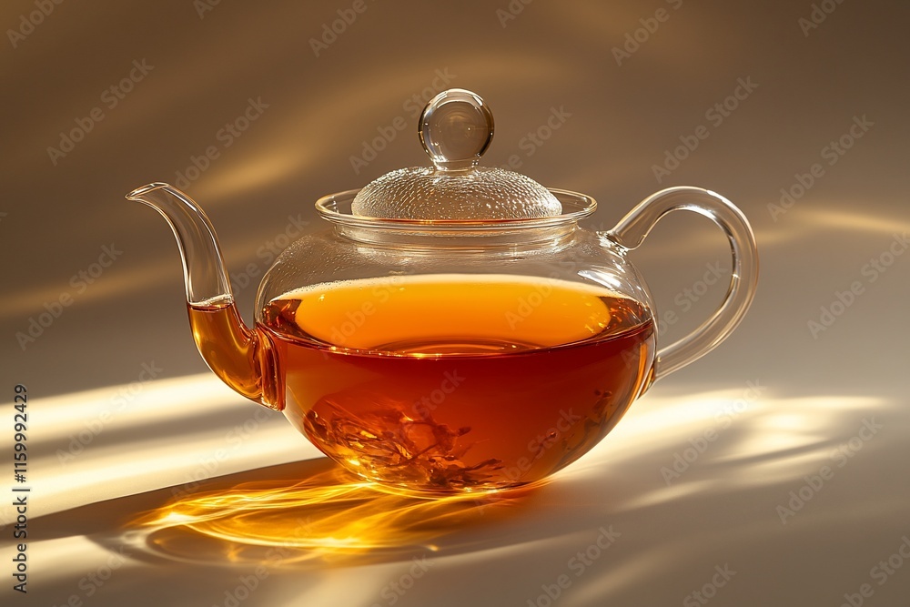 A clear teapot filled with amber tea, illuminated by soft light. A clear teapot filled with amber tea, illuminated by soft light.