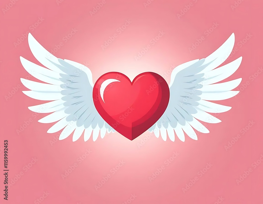 Red Heart With White Angelic Wings Soaring Red Heart With White Angelic Wings Soaring