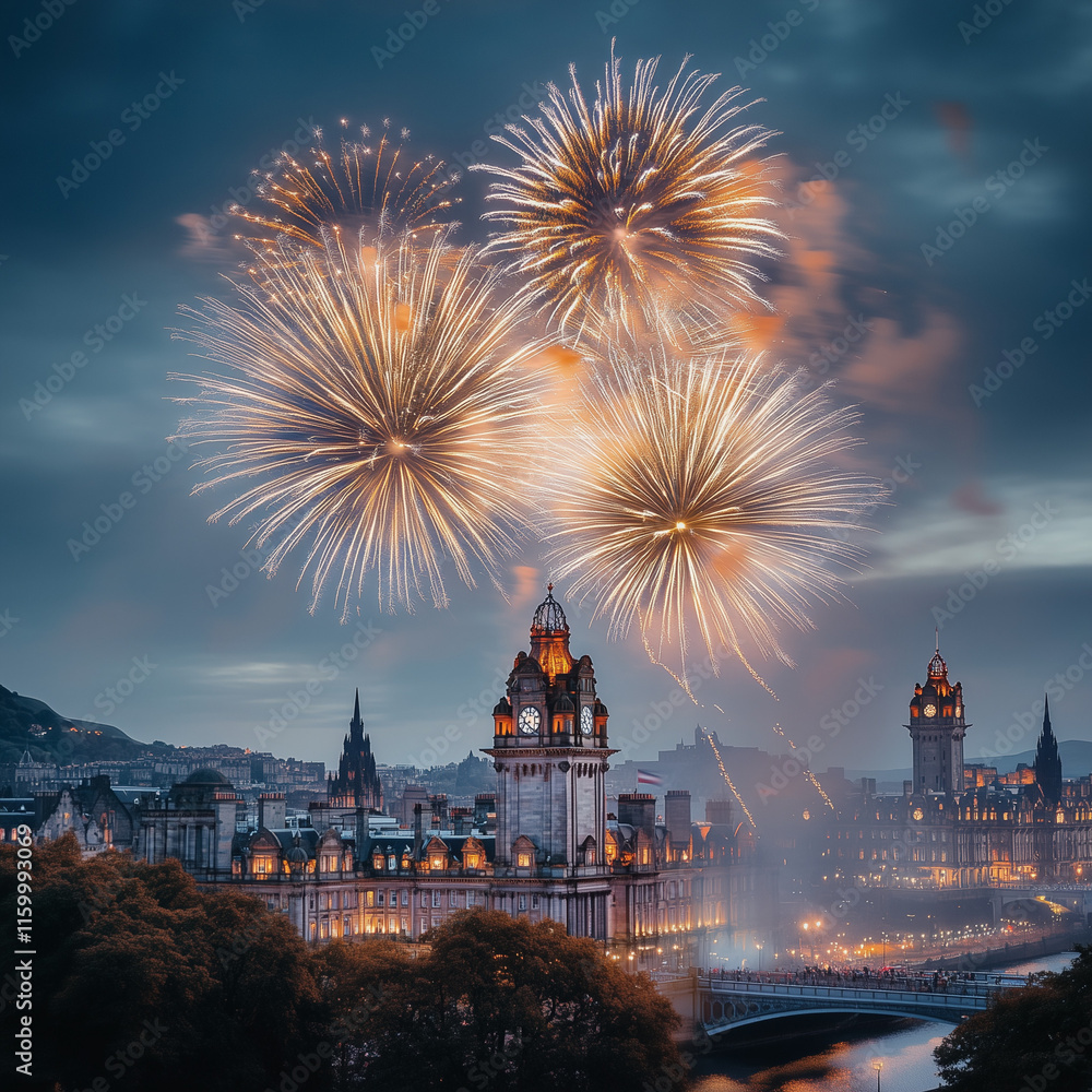 Fototapeta premium Close-up of colorful fireworks bursting over the Edinburgh skyline, bright light reflecting off the old stone buildings, festive and lively atmosphere, blurred background with castle