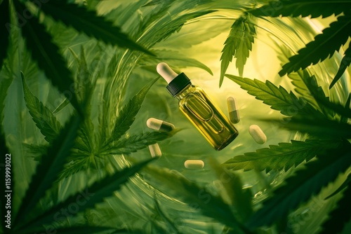 Cannabis oil in bottle and capsules surrounded by leaves. photo