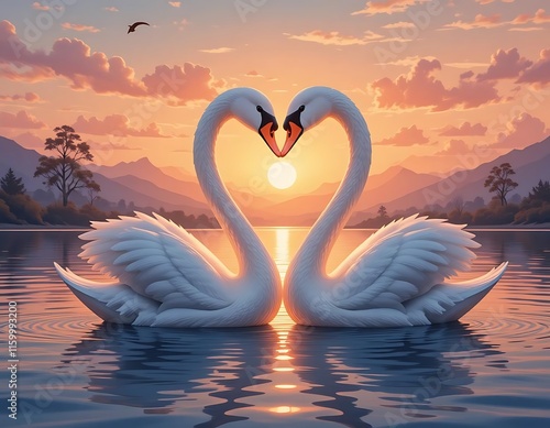 Romantic Swans Heart Shape Sunset Lake Landscape Art photo