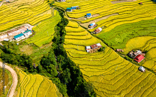 aerial view of terrace paddy farmland in Nuwakot, Nepal. photo