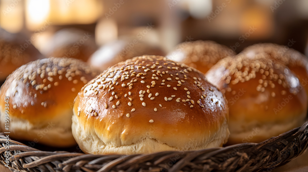 Freshly Baked Sesame Seed Bread Rolls in Basket for Breakfast Brunch Bakery or Culinary Uses : Generative AI Freshly Baked Sesame Seed Bread Rolls in Basket for Breakfast Brunch Bakery or Culinary Uses : Generative AI
