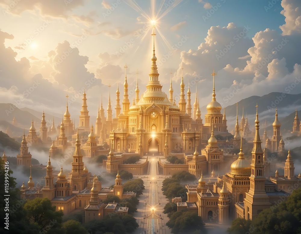 Naklejka premium Golden Celestial City Heavenly Architecture Sunrise Glow