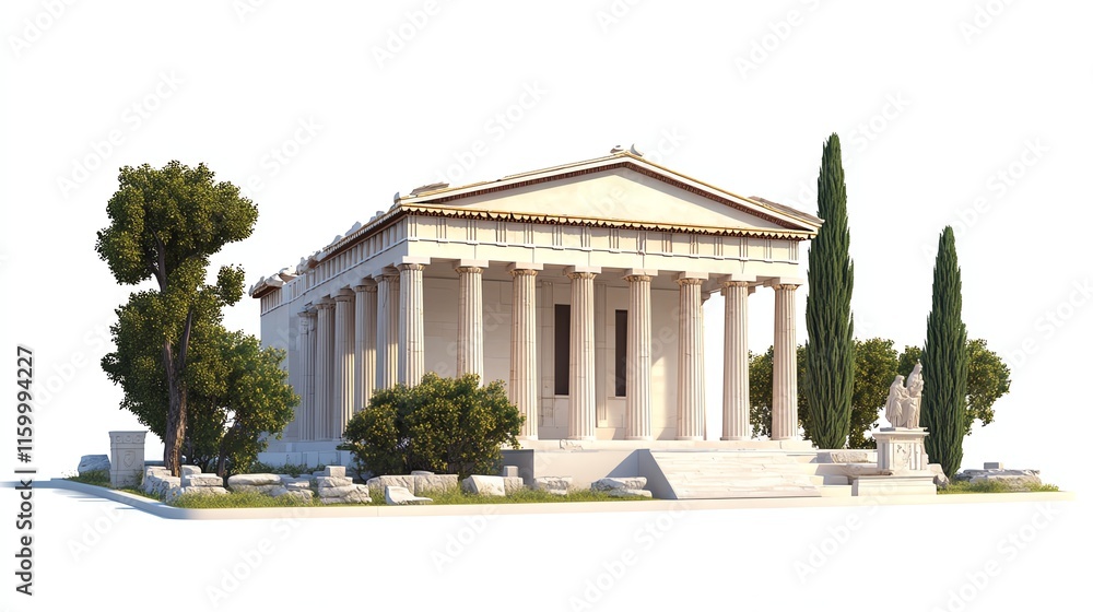 Ancient temple structure with columns and greenery, white isolate background. Ancient temple structure with columns and greenery, white isolate background.