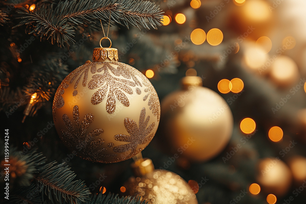 Gold Christmas ornaments adorn a festive tree, glowing warmly against a bokeh background. Gold Christmas ornaments adorn a festive tree, glowing warmly against a bokeh background.
