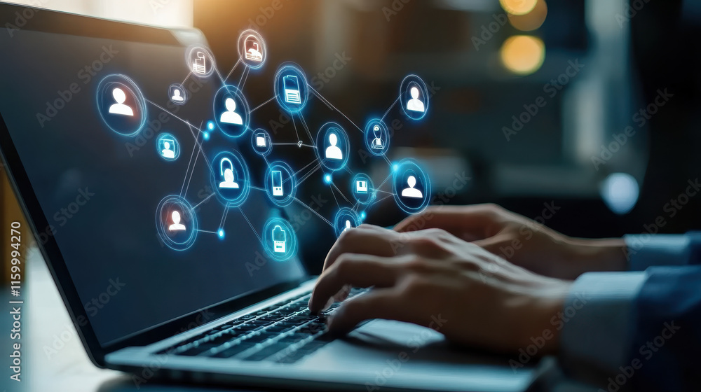 A businessman using a laptop with social network connection icons on the screen, illustrating a digital marketing concept A businessman using a laptop with social network connection icons on the screen, illustrating a digital marketing concept