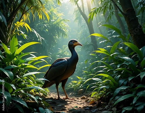 Dark Bird Tropical Forest Lush Green Sunlight Path photo