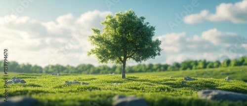Single tree in a green field under a sunny sky.