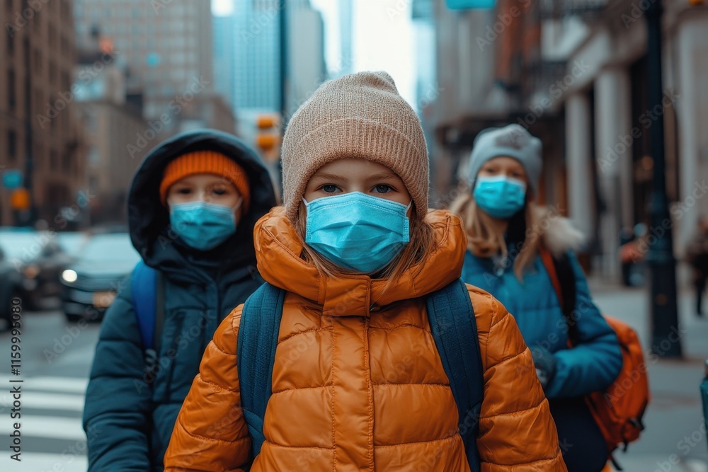 Kids with Face Masks in Urban Environment During COVID-19 Pandemic. Kids with Face Masks in Urban Environment During COVID-19 Pandemic.
