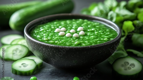 Green Cucumber Soup Garnish White Balls photo