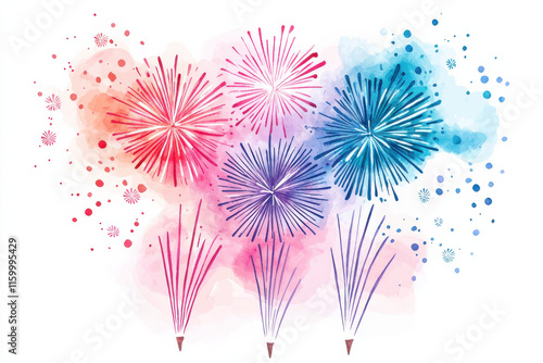 Colorful watercolor fireworks display with vibrant bursts photo