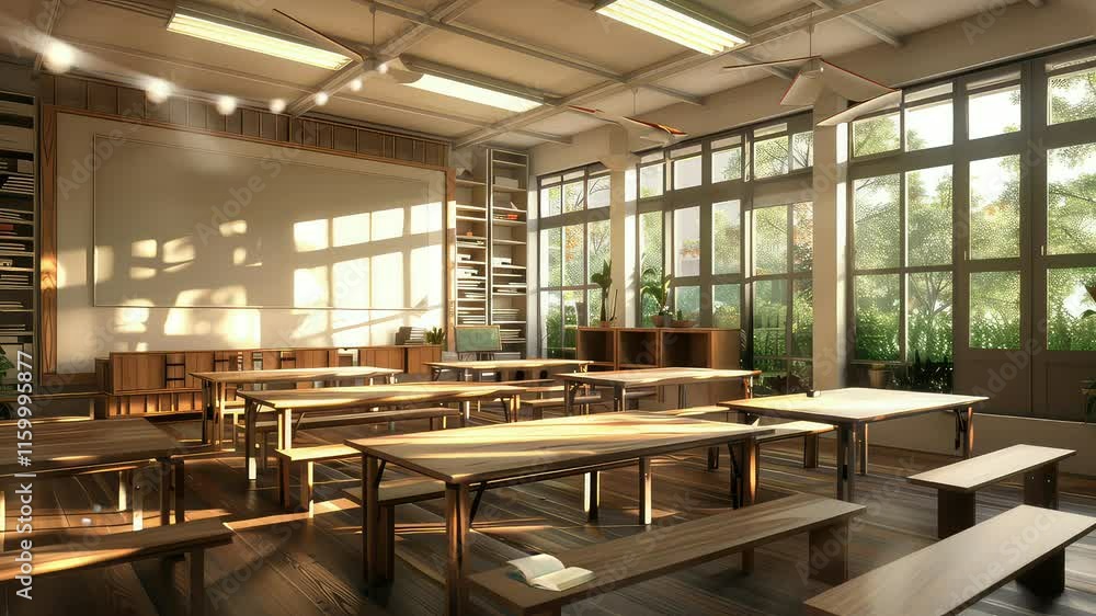 Animation Sunlit Classroom Filled with Books and Maps generated with ai Animation Sunlit Classroom Filled with Books and Maps generated with ai