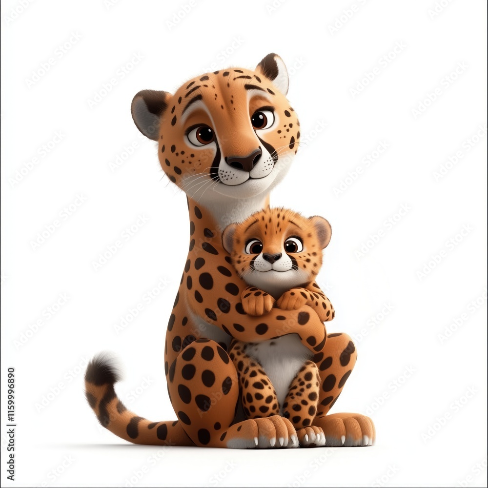 Cheetah with a baby on a white background. 3D illustration Cheetah with a baby on a white background. 3D illustration