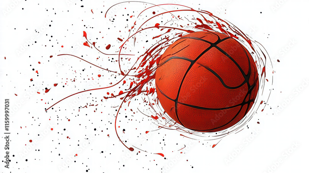dynamic basketball in motion, surrounded by splashes of red paint, captures energy of game. Perfect for sports themed designs and illustrations dynamic basketball in motion, surrounded by splashes of red paint, captures energy of game. Perfect for sports themed designs and illustrations