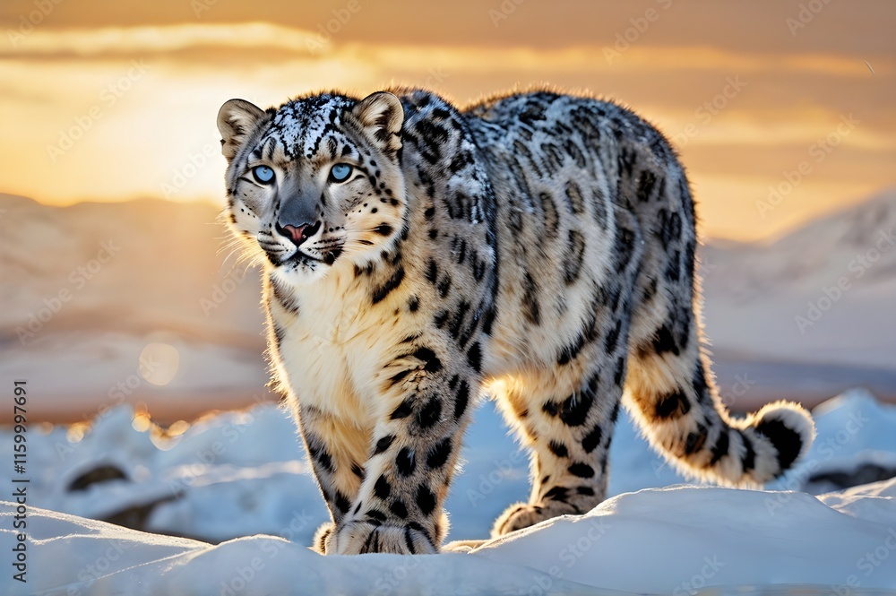 Fototapeta premium Snow leopard poised elegantly in an expansive snowfield during the golden hour