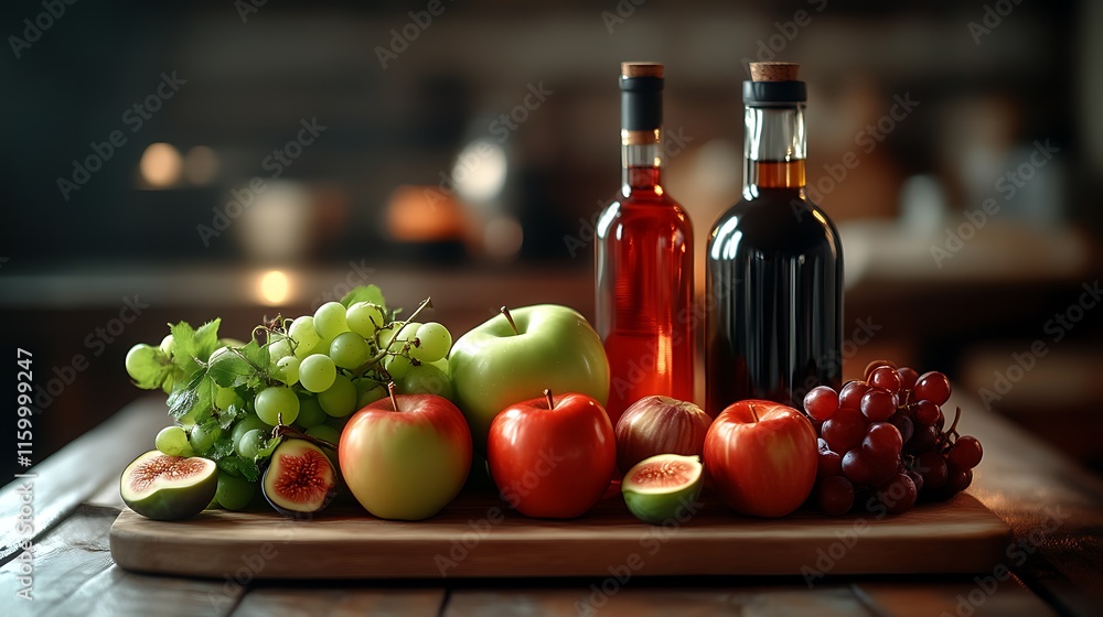 Still life featuring fruit and wine bottles Still life featuring fruit and wine bottles