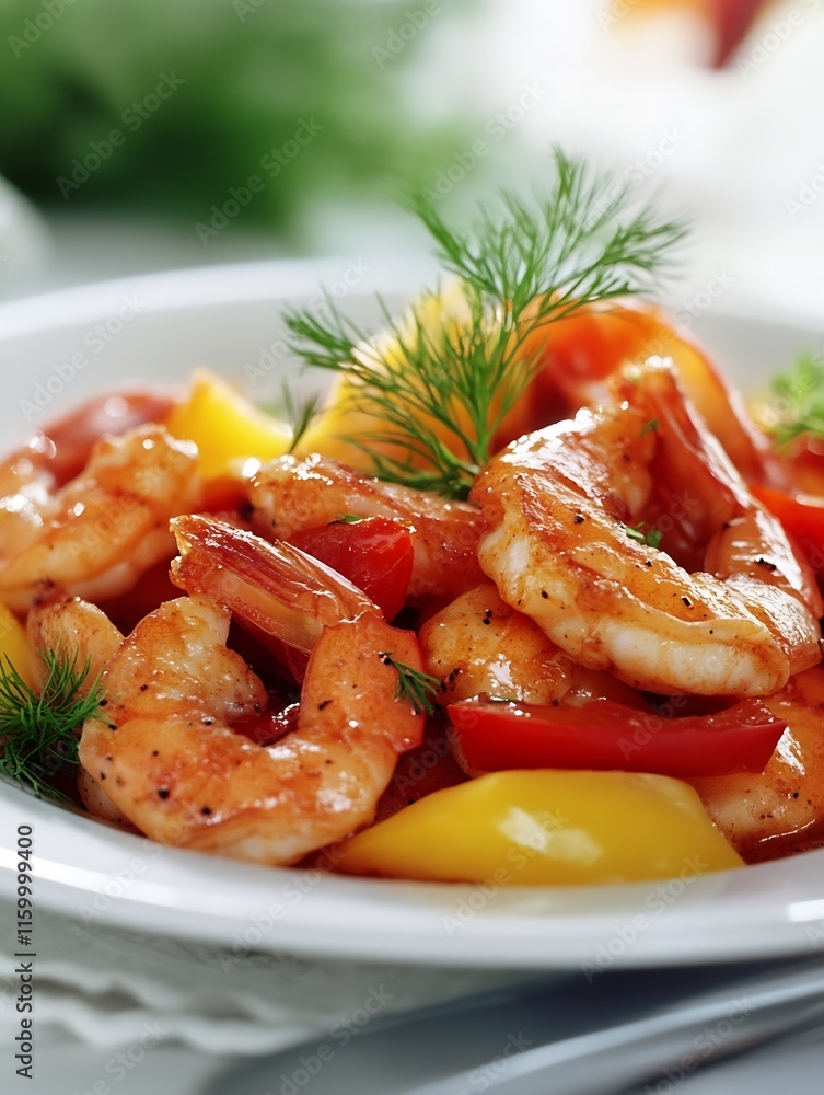 Spicy Grilled Shrimp with Fresh Herbs and Vegetables on Plate : Generative AI