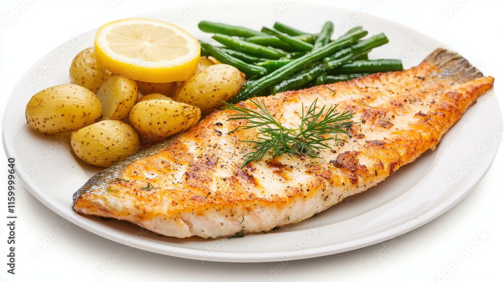 Pan-Seared Trout Fillet with Lemon, Potatoes, and Green Beans on White Plate Pan-Seared Trout Fillet with Lemon, Potatoes, and Green Beans on White Plate