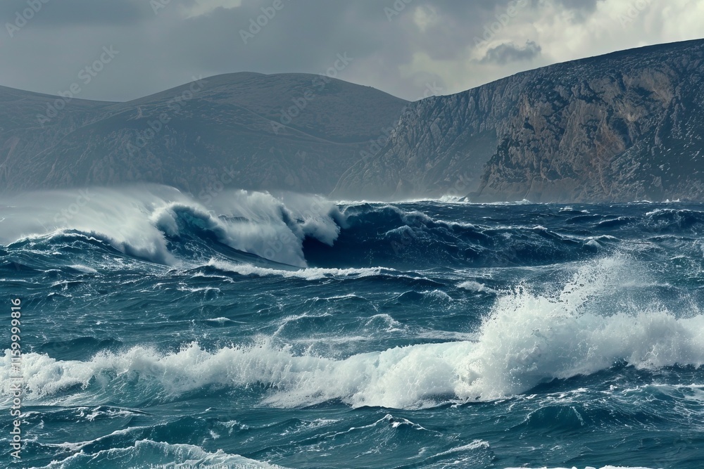 Fototapeta premium Dramatic ocean scene intense waves and rugged mountains under a moody cloudy sky