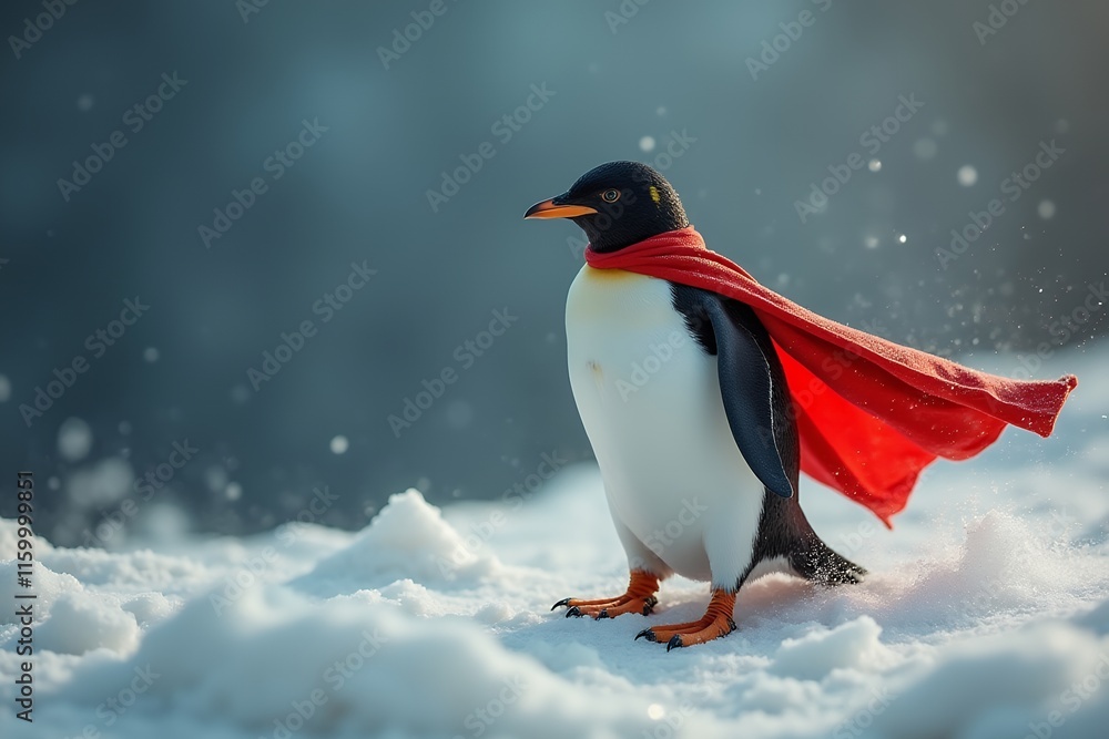 Fototapeta premium Heroic Penguin in a Red Cape Standing on Snowy Landscape