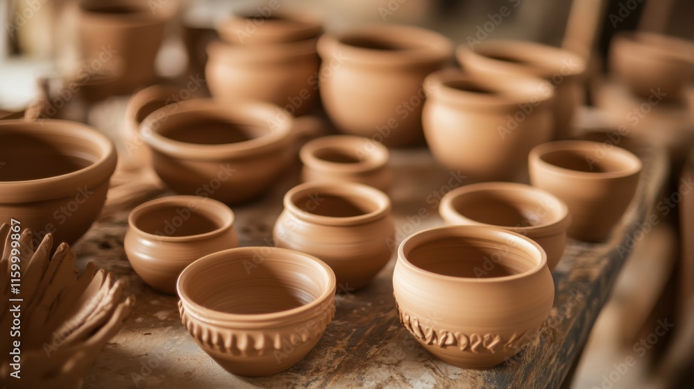 A meticulously arranged pottery workshop, Clay pots in various stages of creation, Artisanal craft style