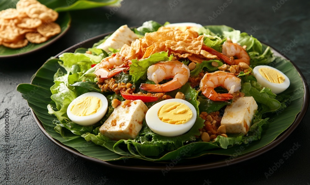 A vibrant salad with shrimp, eggs, and crispy toppings on greens. A vibrant salad with shrimp, eggs, and crispy toppings on greens.