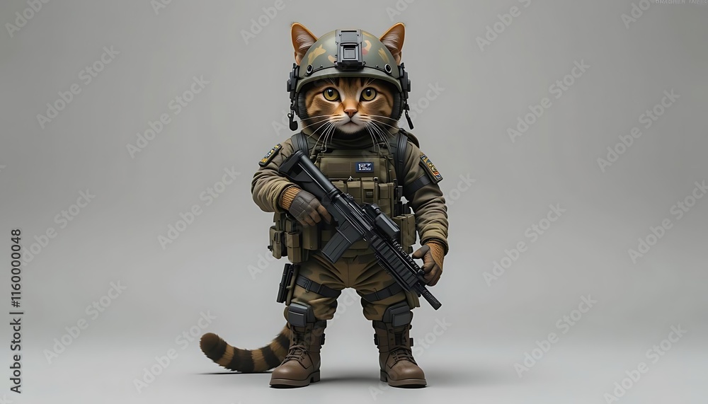 Brave Military Cat Soldier Holding Rifle Against Gray Background Brave Military Cat Soldier Holding Rifle Against Gray Background