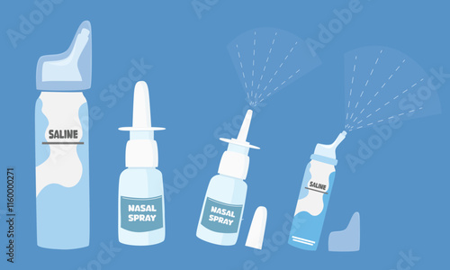 Nasal spray bottle vector illustration in cartoon style. Pump nasal spray to clean nose. Nose hygiene medical product. Flat vector in cartoon style isolated on blue background.