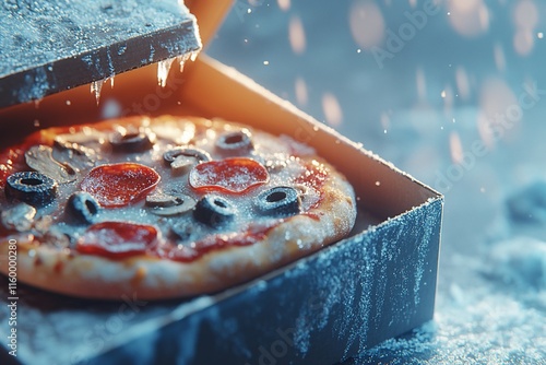 A pizza in a box with snow, showcasing a wintery scene. photo