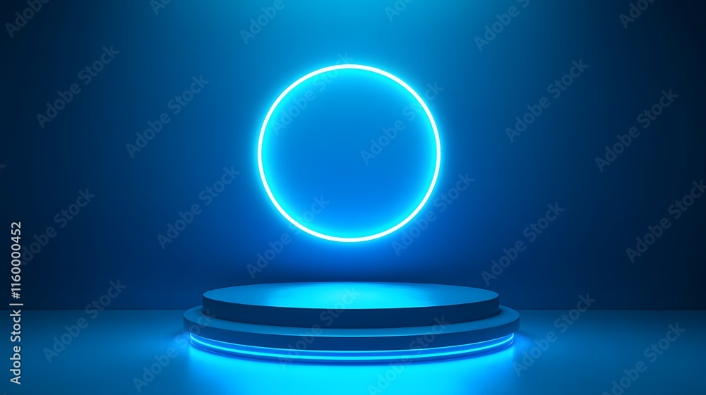 Blue podium floating in the air with neon ring, set on blue background Blue podium floating in the air with neon ring, set on blue background