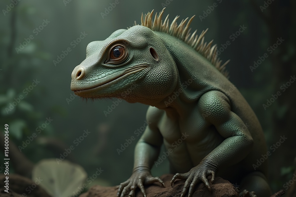 Obraz premium Close-up of a Realistic Green Lizard in a Lush Forest