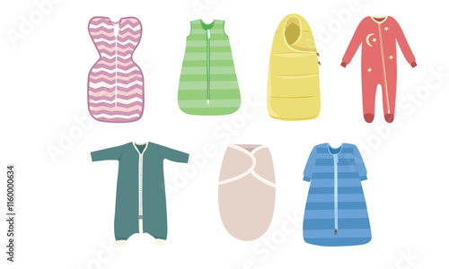 Flat vector set of baby swaddle, baby sleeping bag, sleep sack, sleepsuit in cartoon style isolated on white background. Baby clothes for sleeping and playing both for girl and boy. Baby element