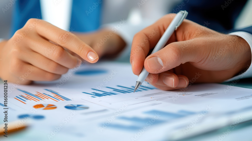 Close-up of two business people pointing at graphs and charts on paper, symbolizing collaboration in marketing strategy or financial planning Close-up of two business people pointing at graphs and charts on paper, symbolizing collaboration in marketing strategy or financial planning