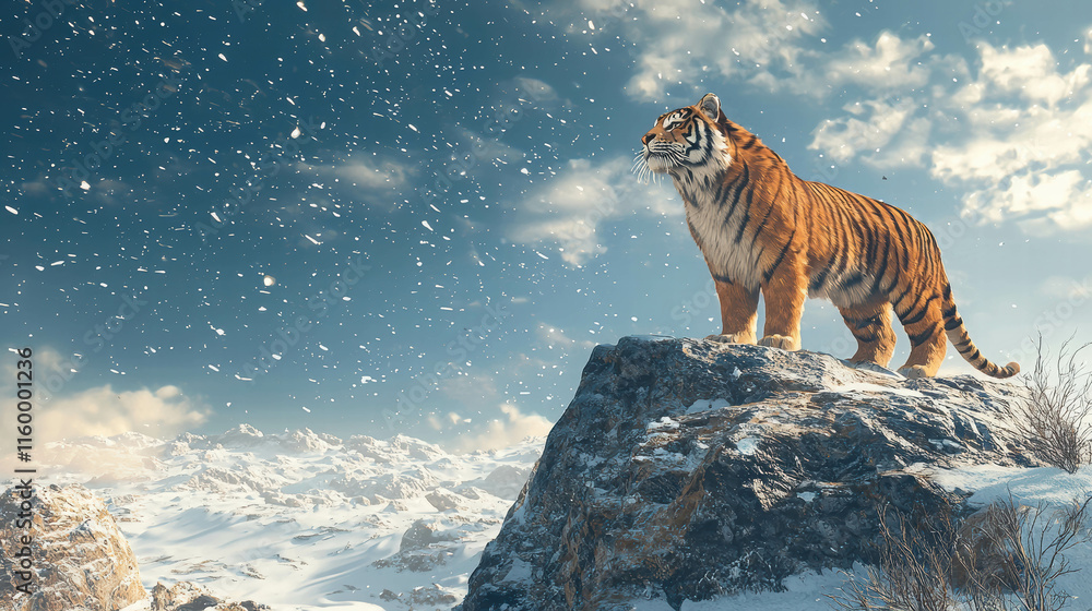 Obraz premium Majestic Saber-Toothed Tiger Standing Proudly on Rocky Outcrop in Snowy Landscape