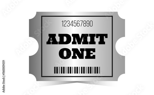 Silver admit one template. Cinema, theater, casino, concert, opera, ballet, performance aluminium design. Metal gradient coupon, barcode. Vector illustration on white background