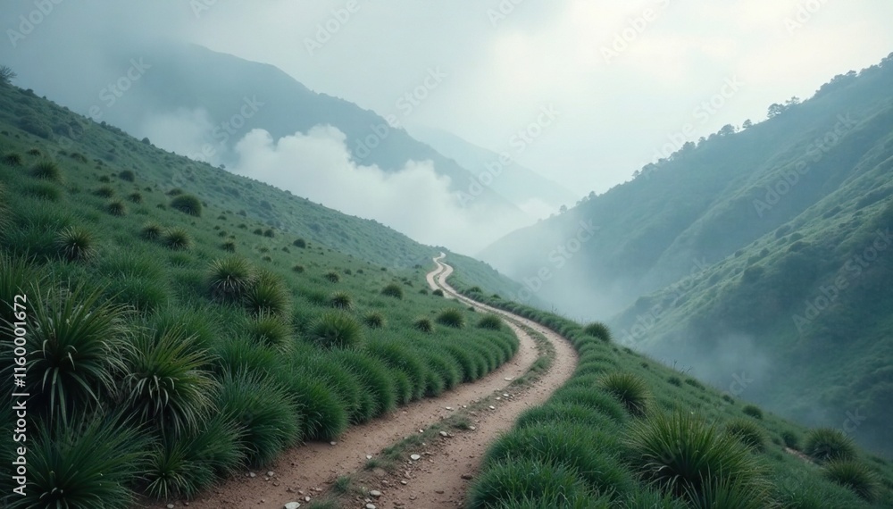 Winding paths lead to a swirling vortex of mist and grey, landscape, mist, abstract Winding paths lead to a swirling vortex of mist and grey, landscape, mist, abstract