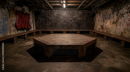 Wallpaper Mural Mysterious Underground Venue with Octagonal Cage Surrounded by Graffiti Walls Torontodigital.ca