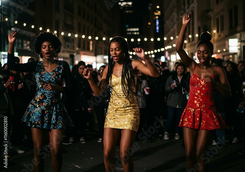Three Young Women Dancing Joyfully in Colorful Dresses at Night
