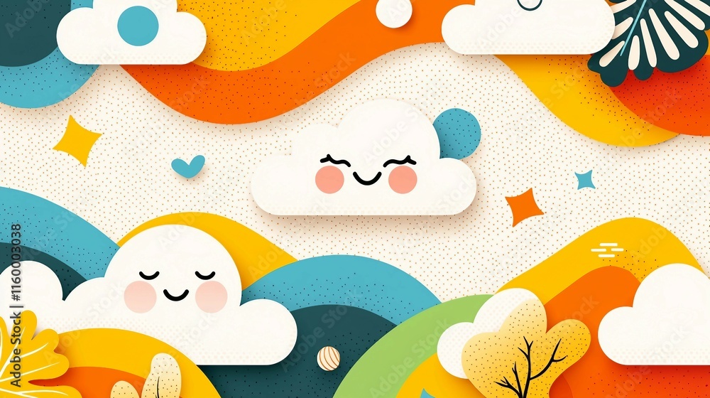 Whimsical Clouds and Vibrant Hills in Playful Digital Art Design Whimsical Clouds and Vibrant Hills in Playful Digital Art Design