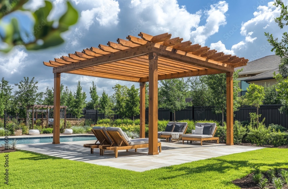 Naklejka premium A wooden pergola with a seating area and lounge chairs, surrounded by lush green grass in the backyard of an urban home garden