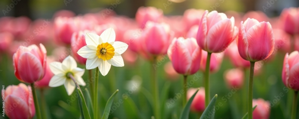 White daffodil trumpets peeking out from beneath a blanket of soft pink tulips, , white flowers White daffodil trumpets peeking out from beneath a blanket of soft pink tulips, , white flowers