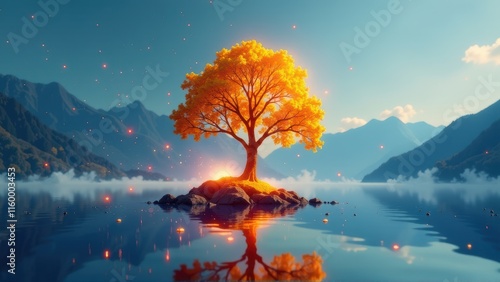 Golden Tree on a Calm Lake photo