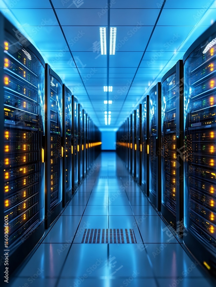 High Tech Data Center with Advanced Server Equipment and Blue LED Lighting for Networks : Generative AI