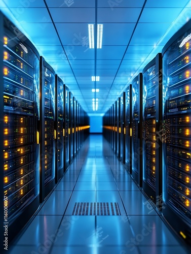 Obraz na płótnie High Tech Data Center with Advanced Server Equipment and Blue LED Lighting for Networks : Generative AI w salonie