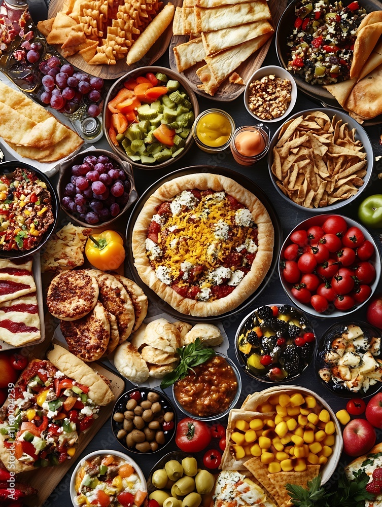 Variety of colorful Mediterranean foods presented in an inviting arrangement perfect for buffet or catering inspiration : Generative AI