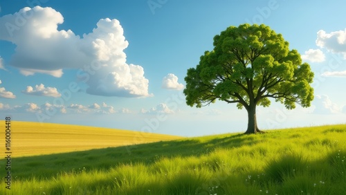 Solitary Tree on a Rolling Green Hill Under a Blue Sky, on grunge background, on grunge background