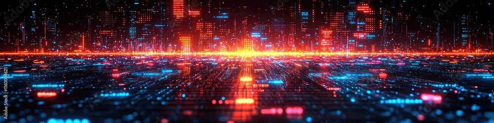 Fototapeta premium A digital landscape featuring glowing data streams and futuristic city elements.
